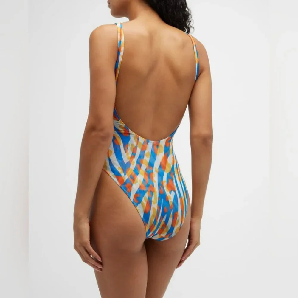 SOLID & STRIPED Luela One Piece Swimsuit Leopard Zebra Print Blue Orange Size M - Picture 3 of 14